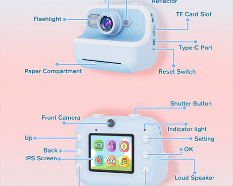 M8 2.4-Inch 1080P HD 2400W Pixel Dual-Camera Children Thermal Printing Camera, Pink, Blue, Purple, Pink+32GB, Blue+32GB, Purple+32GB