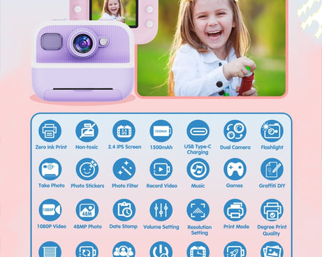 M8 2.4-Inch 1080P HD 2400W Pixel Dual-Camera Children Thermal Printing Camera, Pink, Blue, Purple, Pink+32GB, Blue+32GB, Purple+32GB