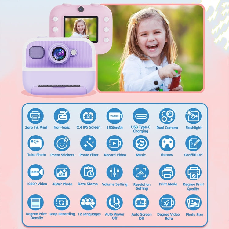 M8 2.4-Inch 1080P HD 2400W Pixel Dual-Camera Children Thermal Printing Camera, Pink, Blue, Purple, Pink+32GB, Blue+32GB, Purple+32GB