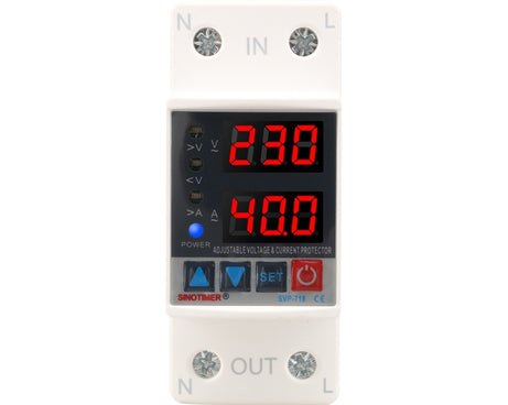 Adjustable Self-resetting Intelligent Over-voltage and Under-voltage Protector 220V AC, SINOTIMER SVP-718 40A, SINOTIMER SVP-718 63A