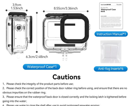 For Insta360 Ace Pro Camera TELESIN 45m Waterproof Case Underwater Diving Housing Cover