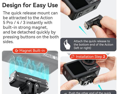 For DJI Action 5 Pro / 4 /  3 aMagisn Metal Magnetic Quick Release Mount Dual Interface Adapter