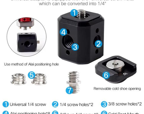 XILETU Tripod Screw Hole Adapter with Cold Shoe 3/8 inch 1/4 inch Thread Holes ARRI Positioning Hole