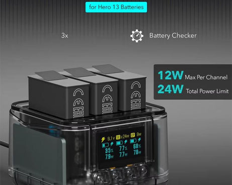 For GoPro HERO13 Black Triple Battery Charger Smart Charging Dock With OLED Display, For GoPro HERO13 Black