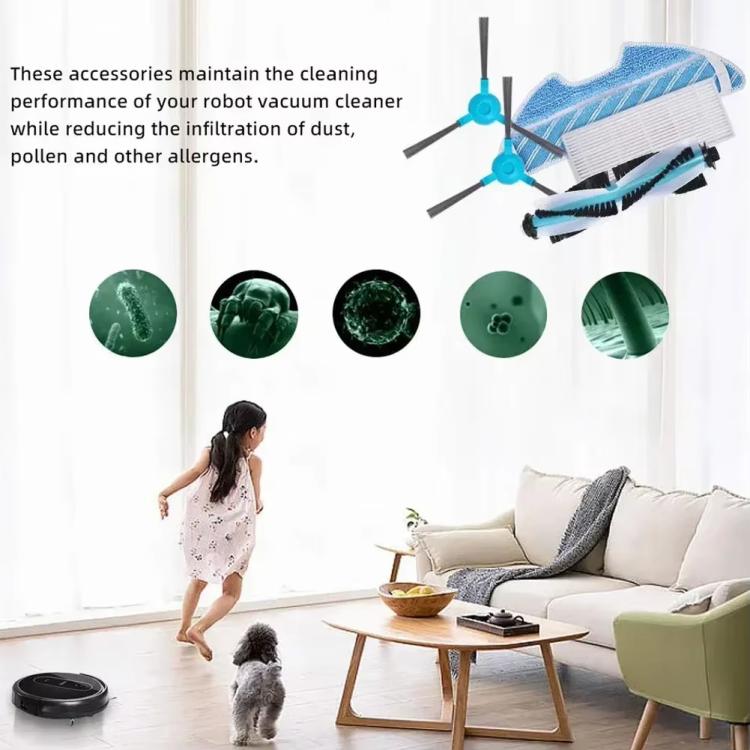 For Conga 1290/1390 Robot Vacuum Replacement Parts, Main Brush, 2pairs Side Brush, 2pcs Filter, 2pcs Mop Pad