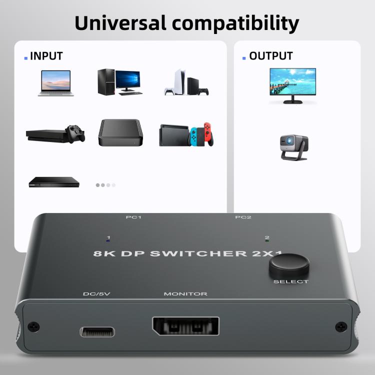 DisplayPort Switch 8K 30Hz HD Splitter For Computer Screen, DP201 2 In 1 Out, DP301 3 In 1 Out