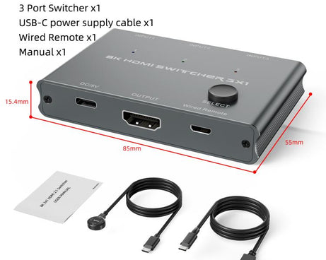 3 In 1 Out HDMI Switch 8K 60Hz / 4K 120Hz Computer HD Conversion, HD31 3 In 1 Out