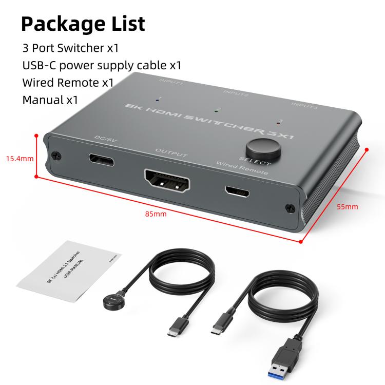 3 In 1 Out HDMI Switch 8K 60Hz / 4K 120Hz Computer HD Conversion, HD31 3 In 1 Out