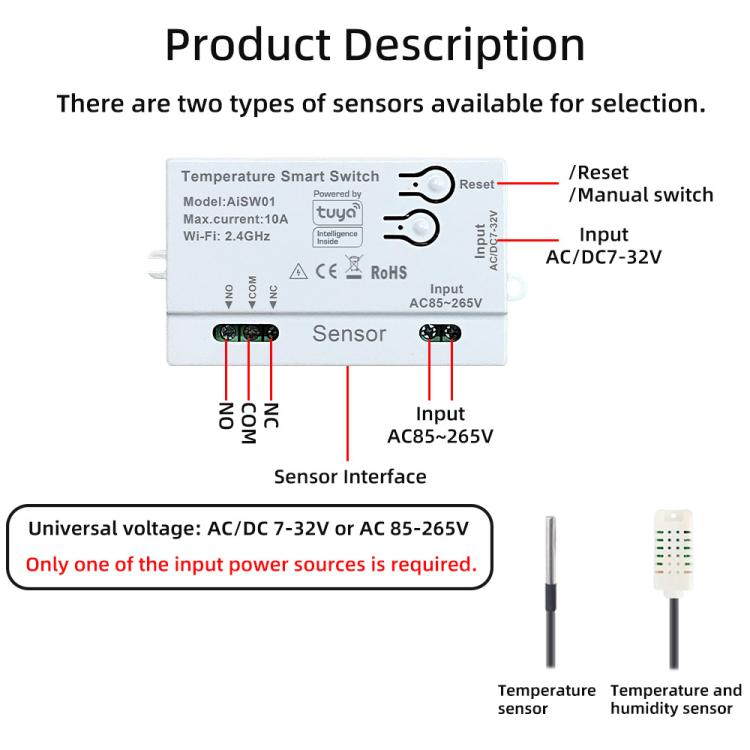 Graffiti WIFI Temperature Dry Contact Switch Module APP Remote Control Switch, Supports Google / Alexa Voice