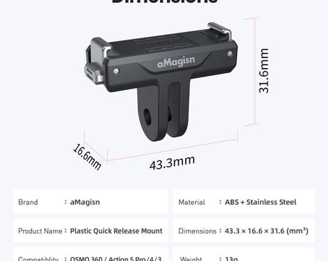 For DJI Osmo 360/Action 5 Pro/4/3 aMagisn Magnetic Quick-Release Adapter Plastic Snap-On Base