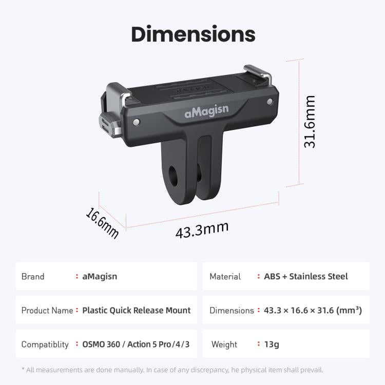 For DJI Osmo 360/Action 5 Pro/4/3 aMagisn Magnetic Quick-Release Adapter Plastic Snap-On Base