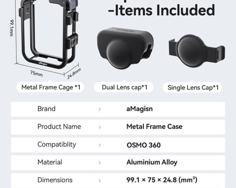 For DJI Osmo 360 AMagisn Quick-Release Metal Cage With Dual/Single Lens Caps Camera Mount Rig