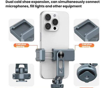 Aluminum Alloy Dual-Head Cold Shoe Phone Mount With Dual 1/4 inch Screw Holes For Horizontal/Vertical Tilting Shooting