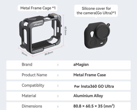 AMagisn Metal Cage For Insta360 GO Ultra Quick Release Protective Frame With Silicone Cover