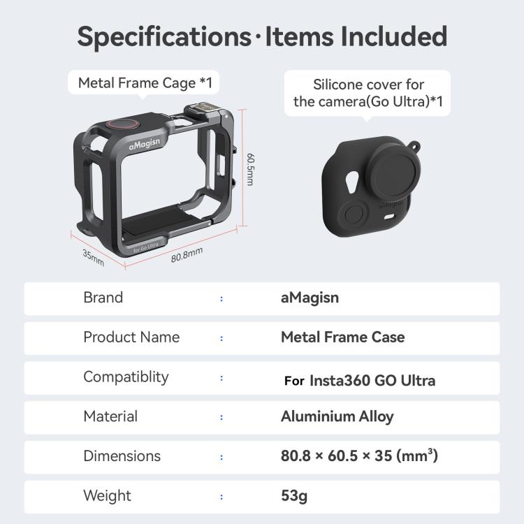 AMagisn Metal Cage For Insta360 GO Ultra Quick Release Protective Frame With Silicone Cover