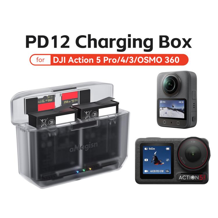 AMagisn PD12 Charging Case Battery Charger For DJI Osmo 360/ Action 5 Pro / 4 / 3