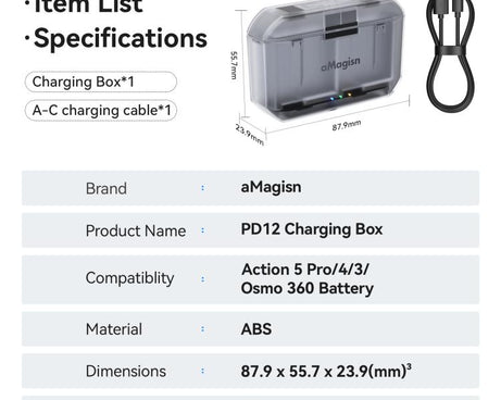 AMagisn PD12 Charging Case Battery Charger For DJI Osmo 360/ Action 5 Pro / 4 / 3