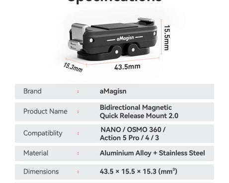 aMagisn TN11 Bidirectional Magnetic Quick Release Mount 2.0 For DJI Nano / Osmo 360 / Action 5 Pro / 4 / 3