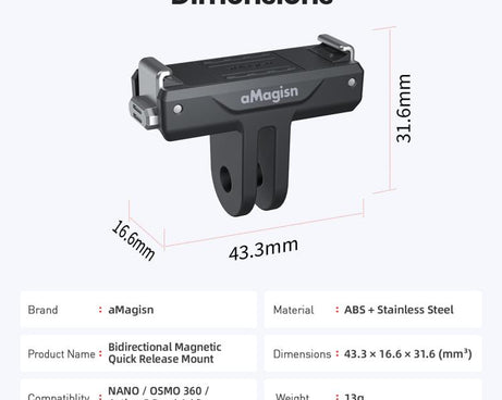aMagisn TN10 Bidirectional Magnetic Quick Release Mount For DJI Nano / Osmo 360 / Action 5 Pro / 4 / 3