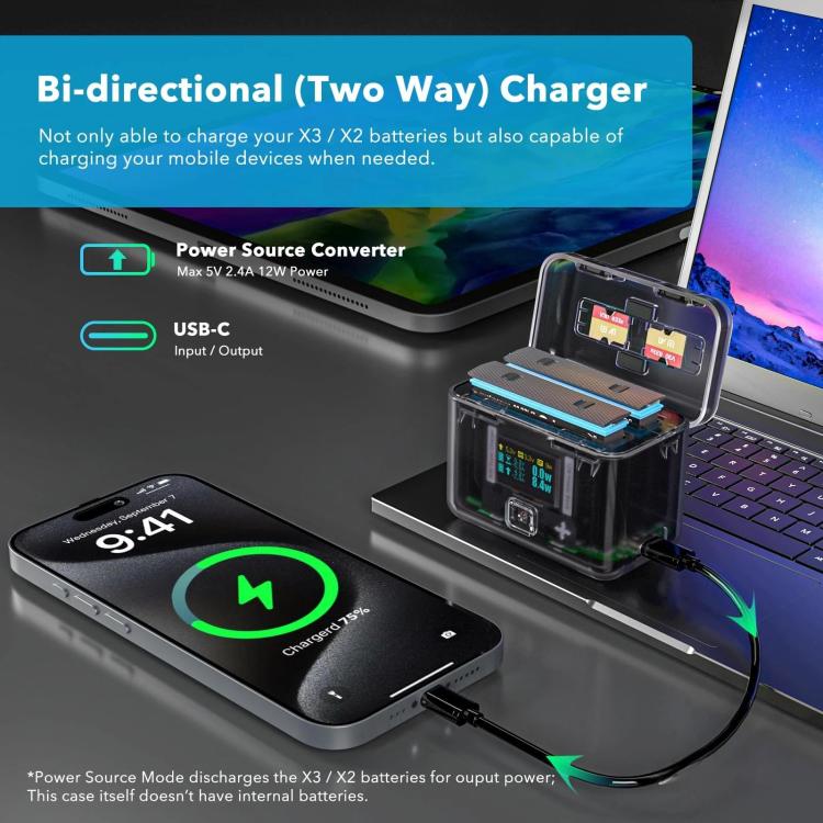 SYMIK Battery Charger For Insta360 X3 / ONE X2 Two Way Charging Case With 0.96-Inch OLED Screen