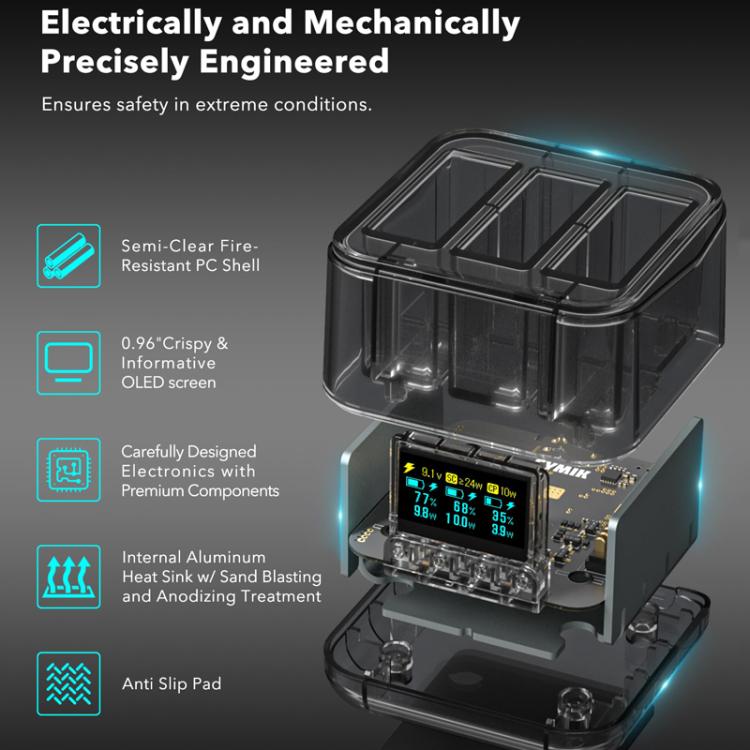 SYMIK Fast Charging Case For DJI Osmo Action 5 Pro / 4 / 3 Three Channel Battery Charger With 0.96-Inch OLED Screen