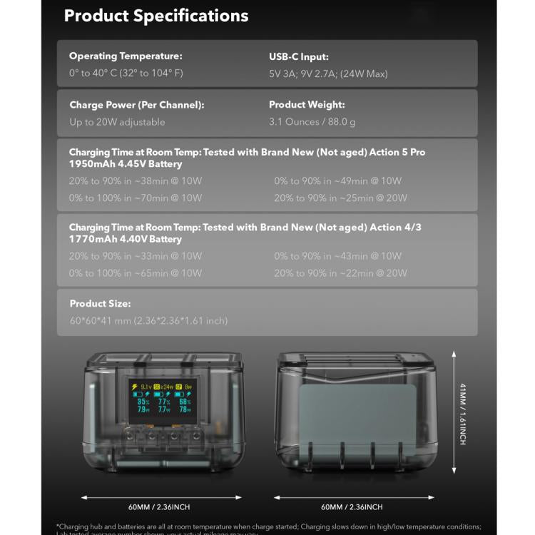 SYMIK Fast Charging Case For DJI Osmo Action 5 Pro / 4 / 3 Three Channel Battery Charger With 0.96-Inch OLED Screen