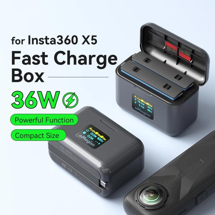 For Insta360 X5 AMagisn Fast Charger Case With Color LCD Screen & Built-In USB-C/Type-C Cable