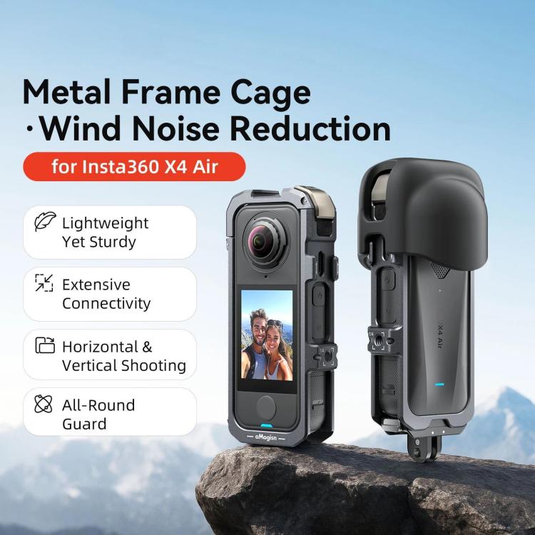 For Insta360 X4 Air aMagisn Quick-Release Metal Cage Wind Noise Reduction Expandable Frame with Lens Cap