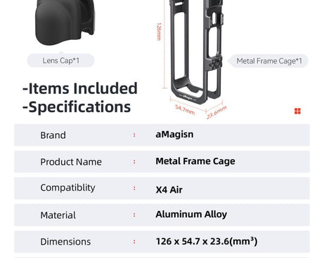 For Insta360 X4 Air aMagisn Quick-Release Metal Cage Wind Noise Reduction Expandable Frame with Lens Cap