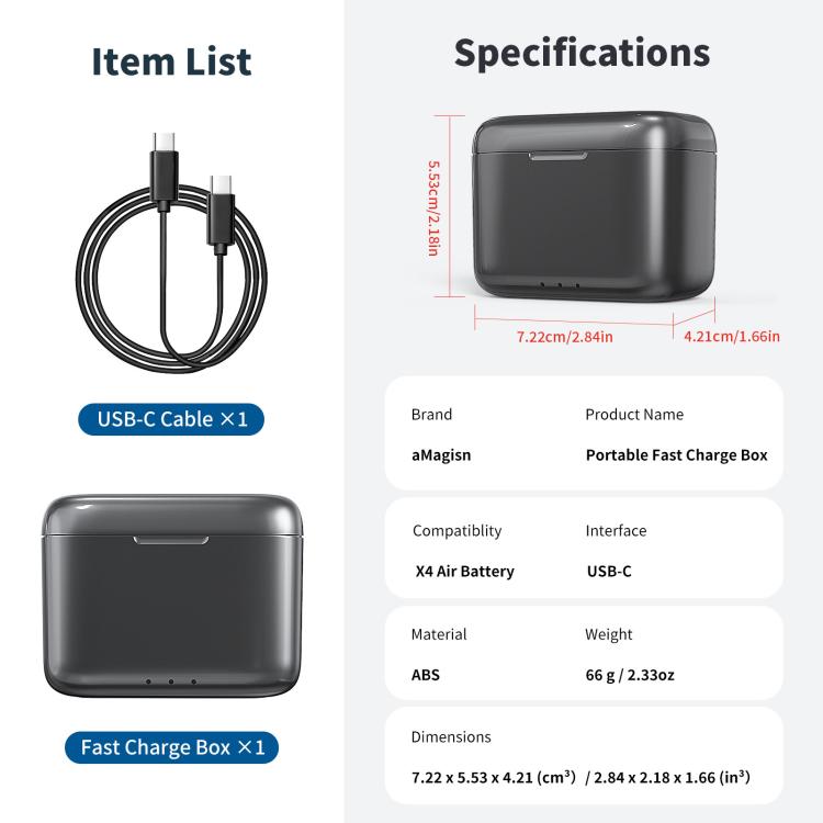 For Insta360 X4 Air AMagisn Fast Charging Case Portable Battery Charger And Storage Box