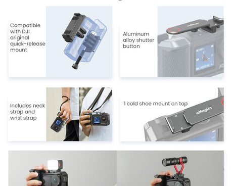 aMagisn Street Photography Handle Grip for DJI Action 5 Pro/Action 4/Action 3, Compatible with Original Camera Cage, Plastic Version, Metal Black, Metal Gray