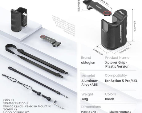 aMagisn Street Photography Handle Grip for DJI Action 5 Pro/Action 4/Action 3, Compatible with Original Camera Cage, Plastic Version, Metal Black, Metal Gray