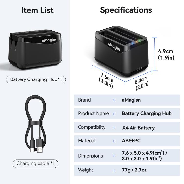 For Insta360 X4 Air AMagisn Dual Battery Charging Dock Rapid Fast Charger Station For 2 Batteries Simultaneously With LED Indicator