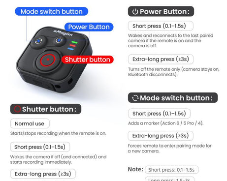 aMagisn Bluetooth Remote Shutter for DJI Osmo Action 6/Action 5 Pro/Action 4/Osmo 360, For DJI Osmo Action 50m