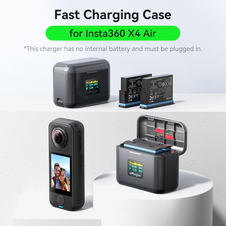 For Insta360 X4 Air Battery aMagisn 36W Fast Charging Case with Color Display & Built-in USB-C Cable, PM13