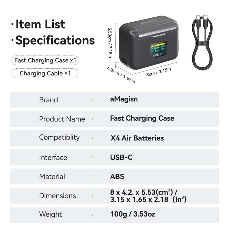 For Insta360 X4 Air Battery aMagisn 36W Fast Charging Case with Color Display & Built-in USB-C Cable, PM13