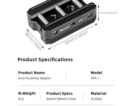 XILETU XPA-1 Arca-Swiss Quick Release Clamp With Dovetail Rail Tripod Monopod Camera Mount Adapter