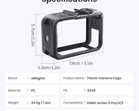 aMagisn PC Material Camera Cage for DJI Action 5 Pro / 4 / 3 with Quick Release Vertical/Horizontal Shoot Support, Cold Shoe Mount & 1/4-inch Thread, Action 5 Pro /4/3 PC Cage