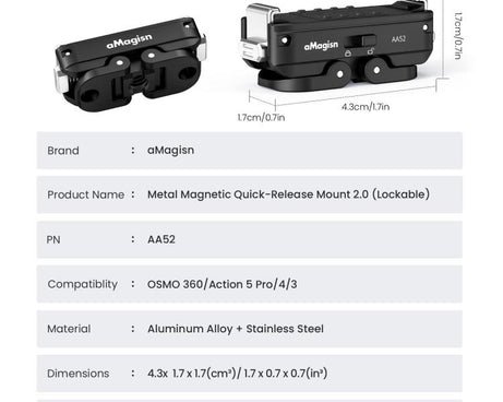 aMagisn Metal Magnetic Quick Release Mount 2.0 Lockable Adapter for DJI Osmo 360/ Action 5 Pro/4/3, For DJI Osmo 360/ Action 5 Pro/4/3