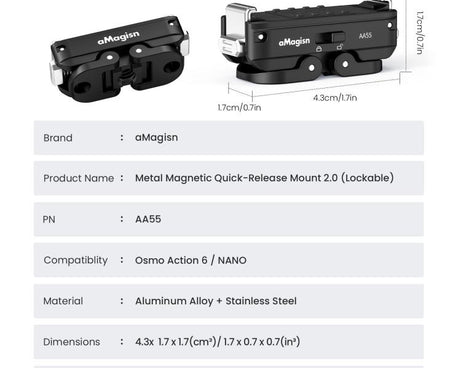 For DJI Osmo Action 6 / Nano aMagisn Metal Magnetic Quick Release Mount 2.0 Lockable Adapter, For DJI Osmo Action 6 / Nano