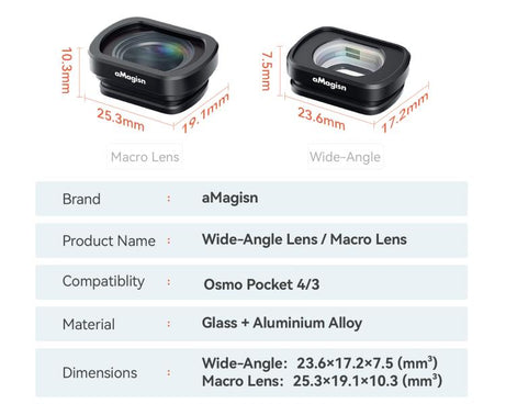 For DJI Osmo Pocket 4/3 Magnetic Optical Glass Lens Filter with Aluminum Alloy Frame, aMagisn Macro Lens 10X, aMagisn Wide Angle Lens 0.72X