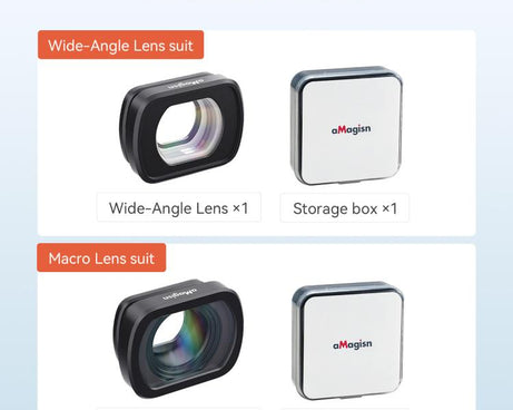 For DJI Osmo Pocket 4/3 Magnetic Optical Glass Lens Filter with Aluminum Alloy Frame, aMagisn Macro Lens 10X, aMagisn Wide Angle Lens 0.72X