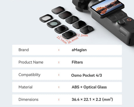 For DJI Osmo Pocket 4 / 3 aMagisn Magnetic Lens Filter, Adjustable CPL, VND  1-5 Stop, VND 6-10 Stop, Black Mist 1/4, ND4/16/64/256, ND1000