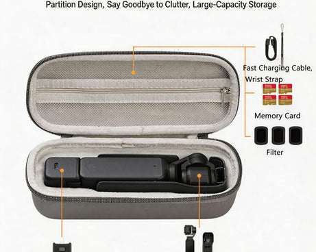 For DJI Osmo Pocket 3 Standalone & Essential Accessories Hard Carrying Case PU Leather Storage Bag with Wrist Strap