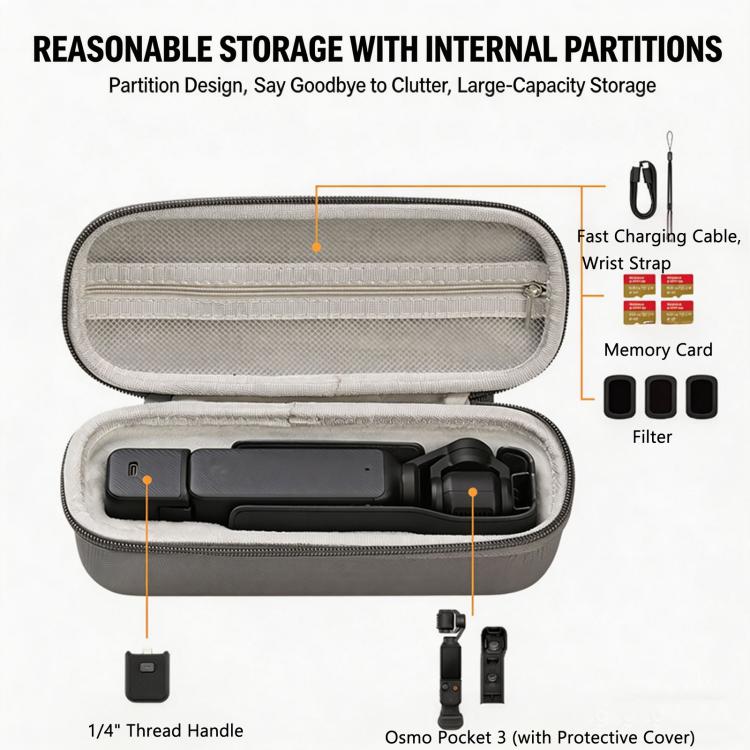 For DJI Osmo Pocket 3 Standalone & Essential Accessories Hard Carrying Case PU Leather Storage Bag with Wrist Strap
