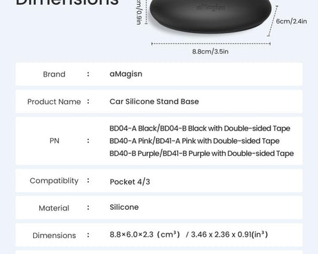 For DJI Osmo Pocket 4 / 3 aMagisn Silicone Desktop Stand Base Non-Slip Dashboard Car Mount with Adhesive