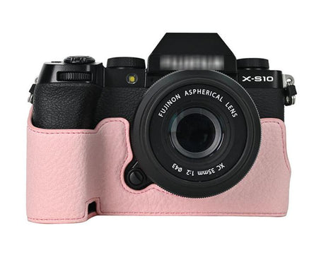 For Fujifilm X-S10 PU Leather Camera Half Case Vintage Litchi Pattern Protective Bottom Base With Magnetic Battery Access
