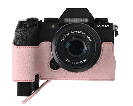 For Fujifilm X-S10 PU Leather Camera Half Case Vintage Litchi Pattern Protective Bottom Base With Magnetic Battery Access
