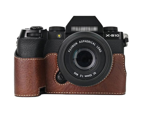 For Fujifilm X-S10 PU Leather Camera Half Case Vintage Litchi Pattern Protective Bottom Base With Magnetic Battery Access