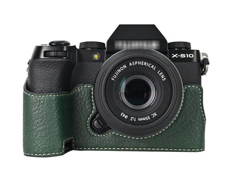 For Fujifilm X-S10 PU Leather Camera Half Case Vintage Litchi Pattern Protective Bottom Base With Magnetic Battery Access